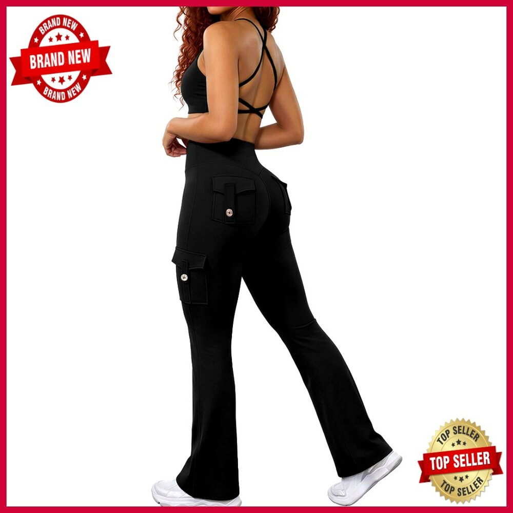 High Waisted Flare Leggings With Pockets And Sports Bra Workout Set